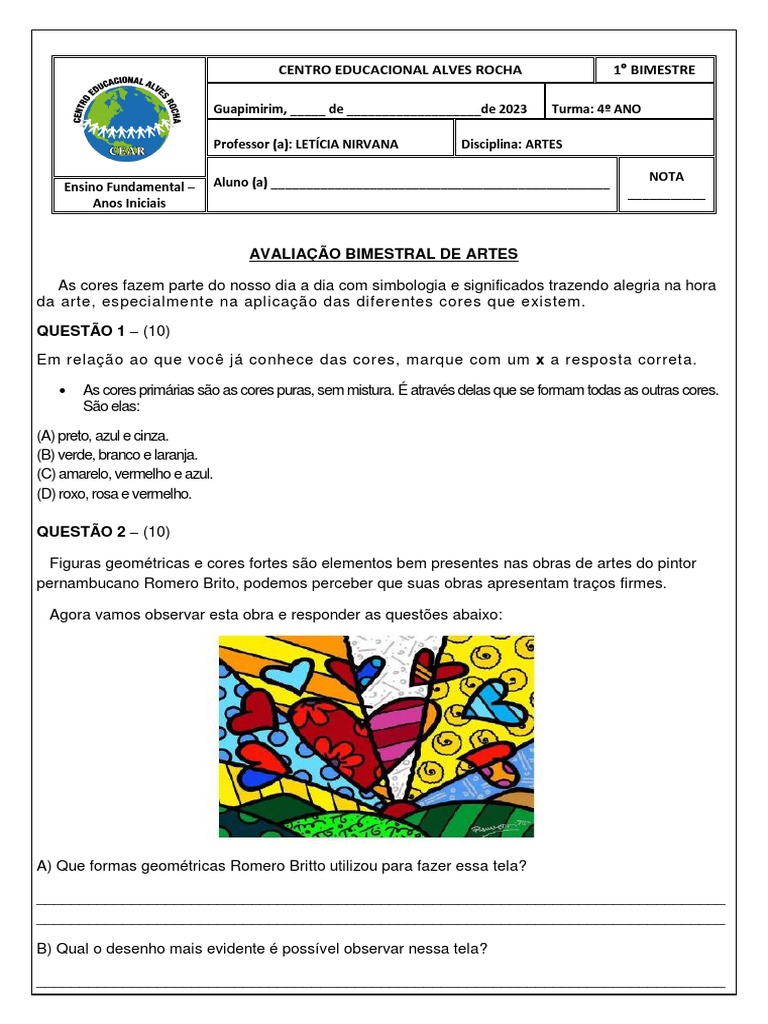 PROVA DE ARTES 4 Ano | PDF