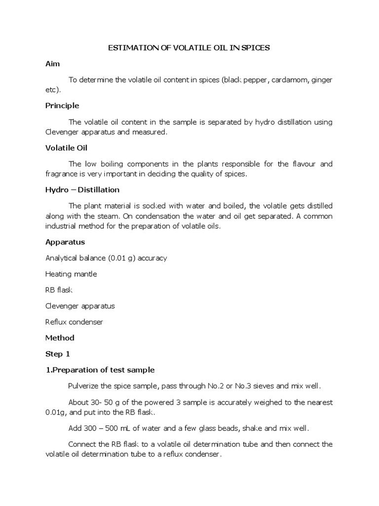 Volatile Oil Content in Spices Analysis | PDF | Titration | Chemistry