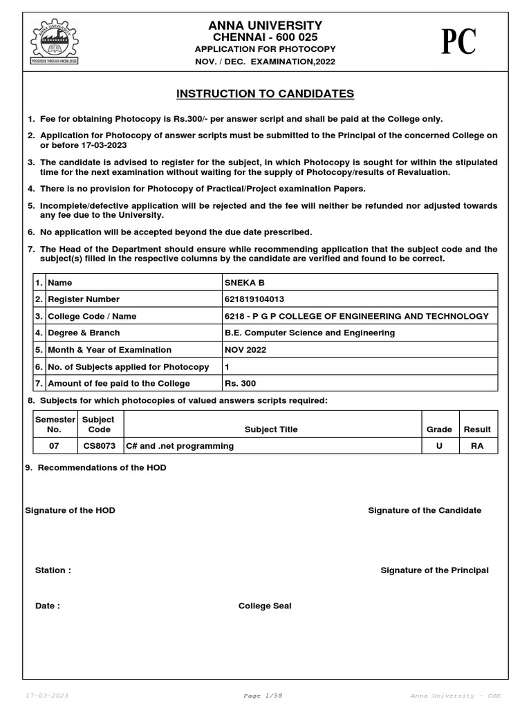 Anna University: CHENNAI - 600 025 | PDF | Photocopier | Signature
