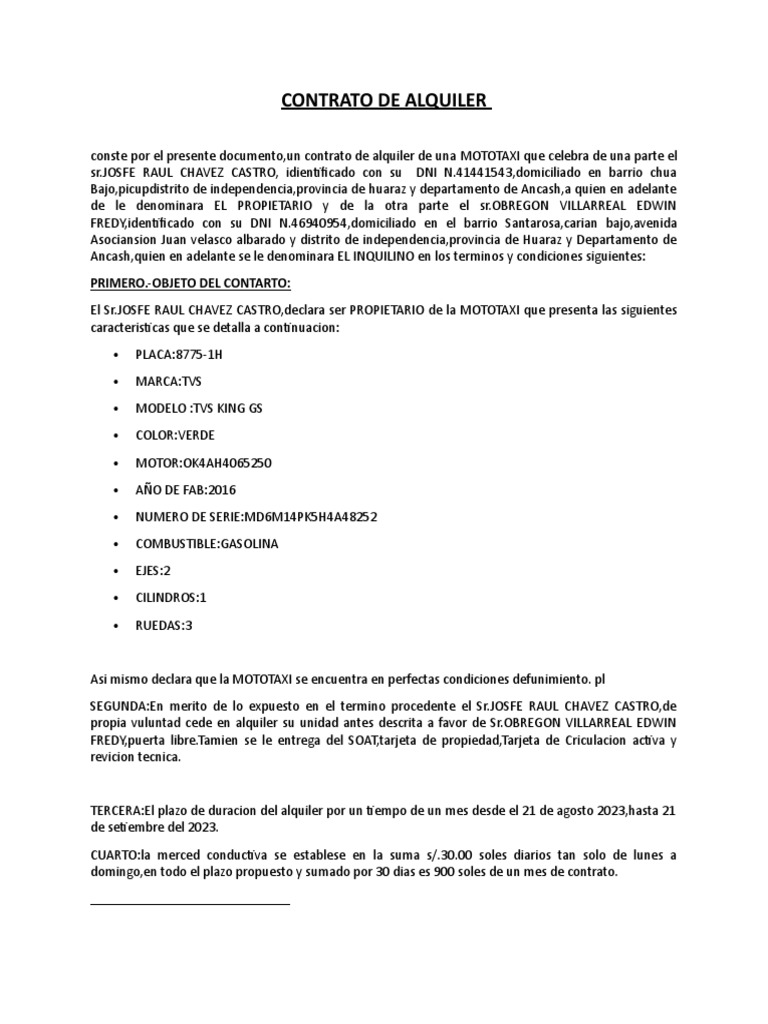 Modelo Contrato de Alquiler de Mototaxi | PDF