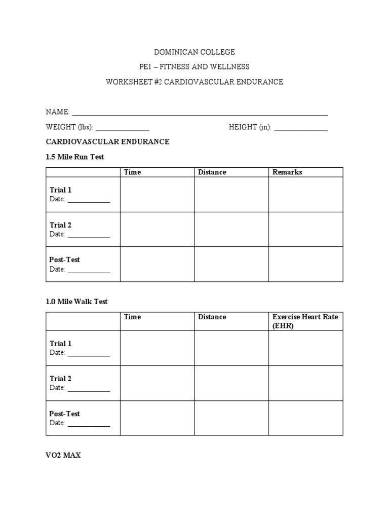 PE1 Cardiovascular Endurance Worksheet 2 PDF