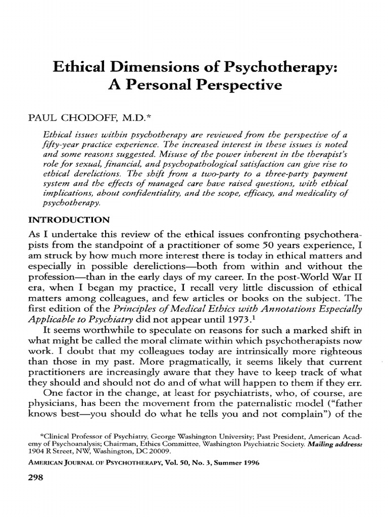 Ethical dimensions of psychotherapy a personal perspective pdf