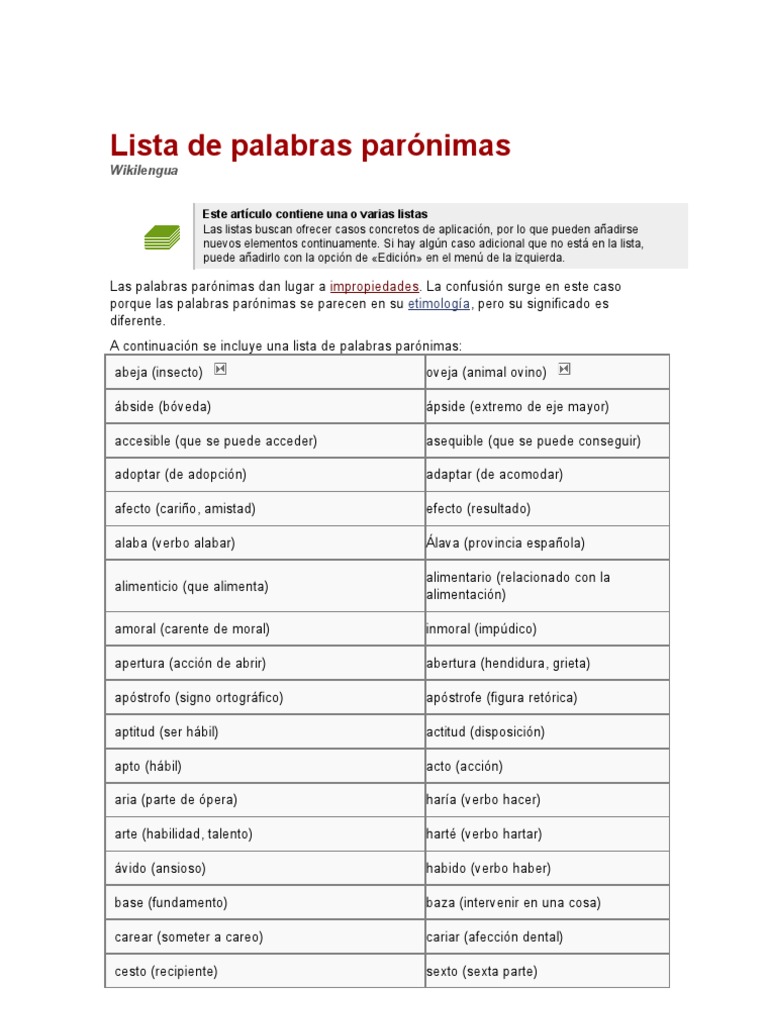 Lista de palabras parónimas