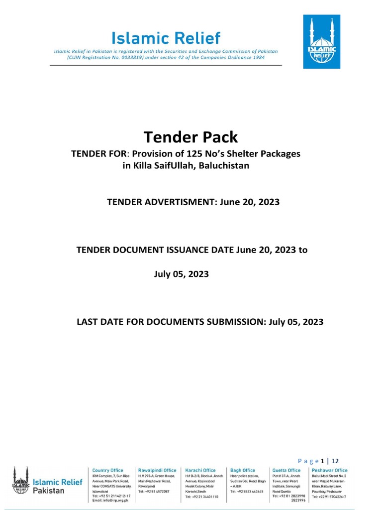 Tender Pack For Provision of 125 Nos Shelter Packages in Killa ...