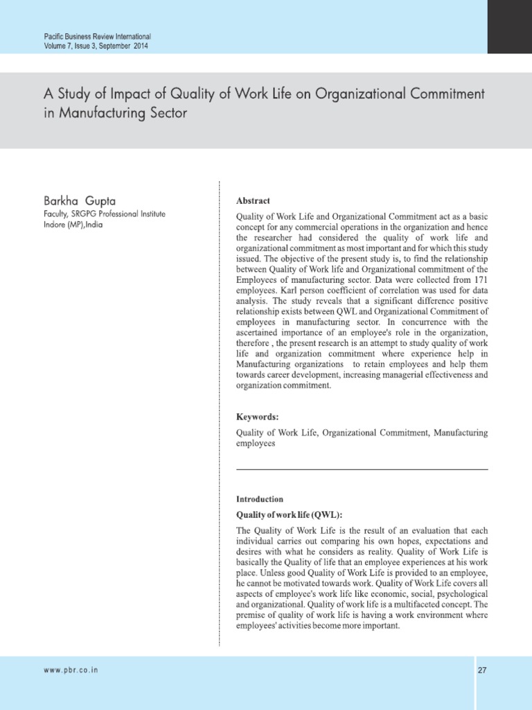 A Study of Impact of Quality of Work Life On Organizational Commitment ...
