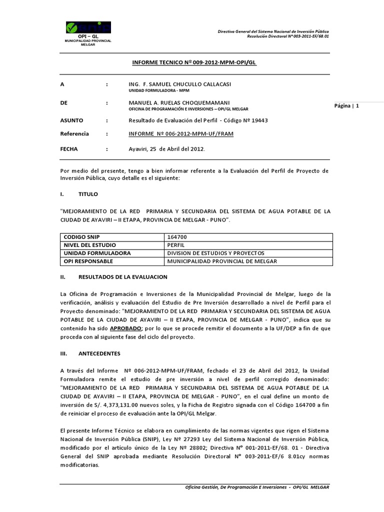 Informe Tecnico 009 Resultado de Evaluacion de Perfil | PDF ...