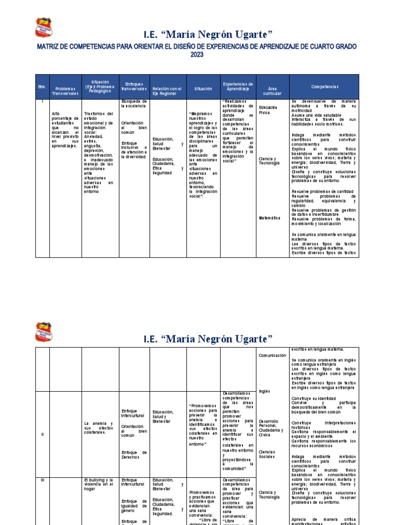 Matriz de Competencias para Cuarto Grado | PDF | Las emociones ...