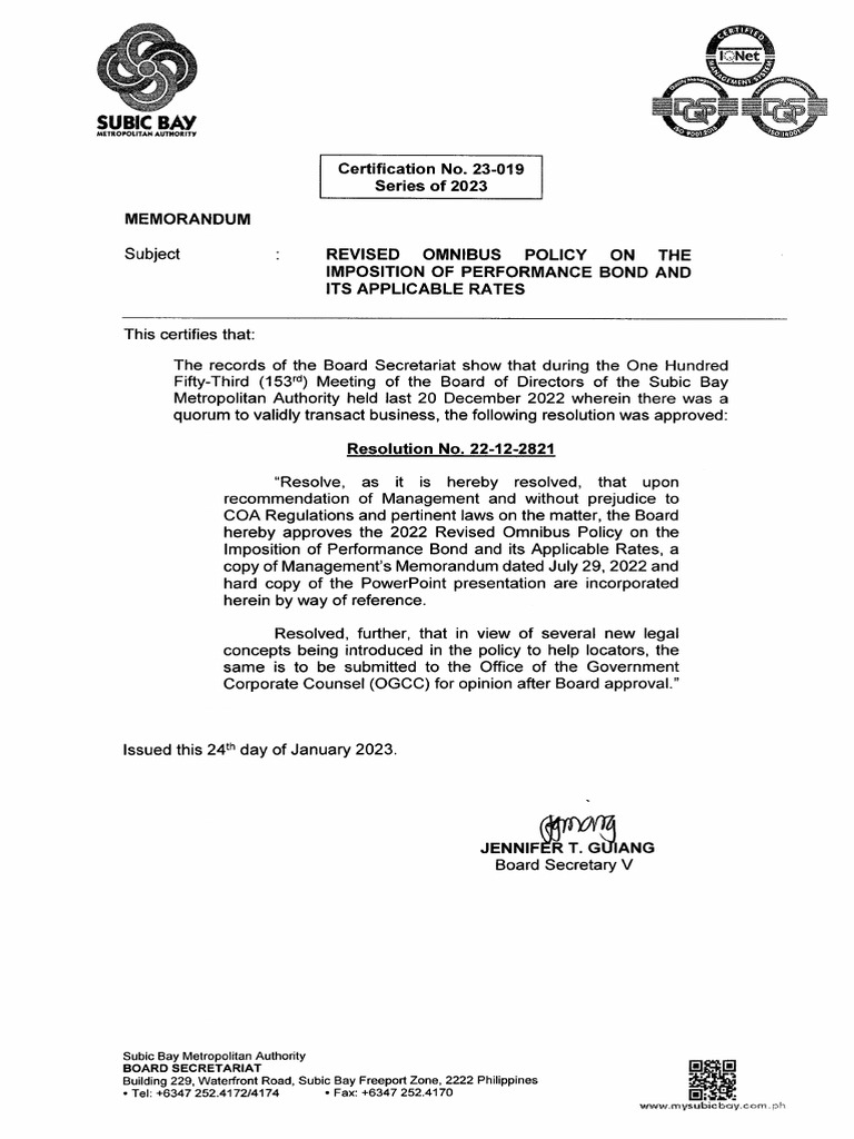 23 019 revised omnibus policy on the imposition of performance bond and