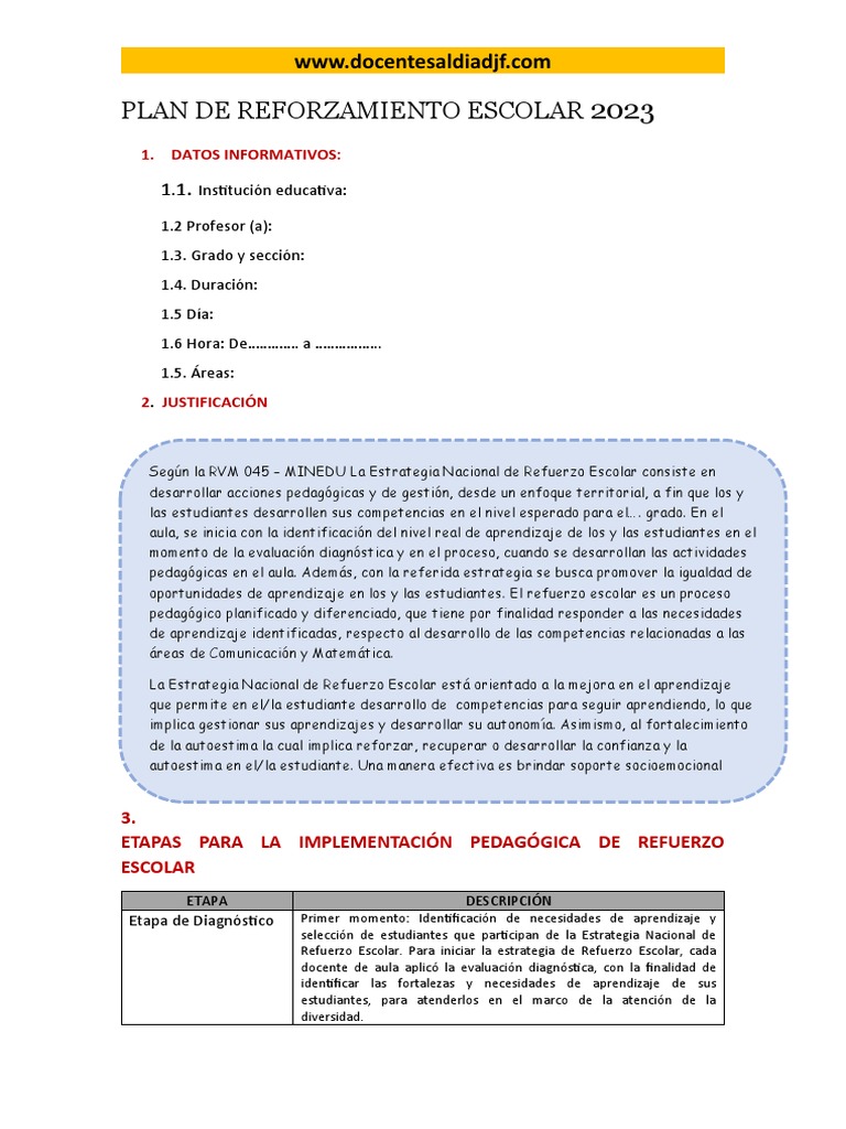 Plan de Refuerzo Escolar 2023 | PDF | Crecimiento personal y profesional