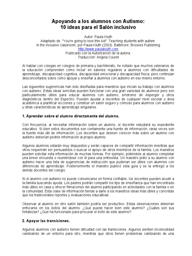 Autismo en Aula Regular Recomendaciones | PDF | Enseñando | Espectro ...