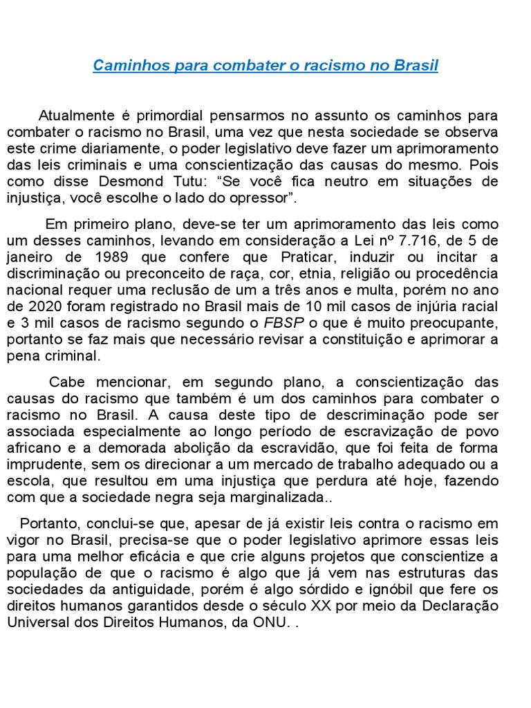 Caminhos para Combater o Racismo No Brasil | PDF