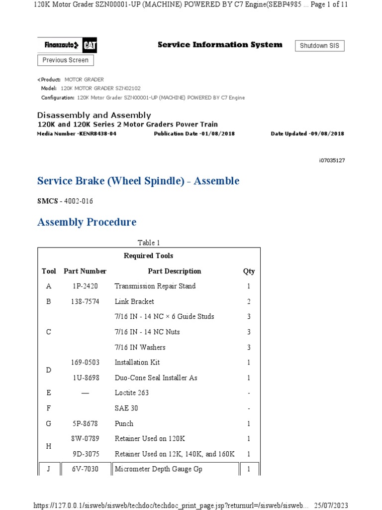 120K Motor Grader Brake Assembly Guide | PDF