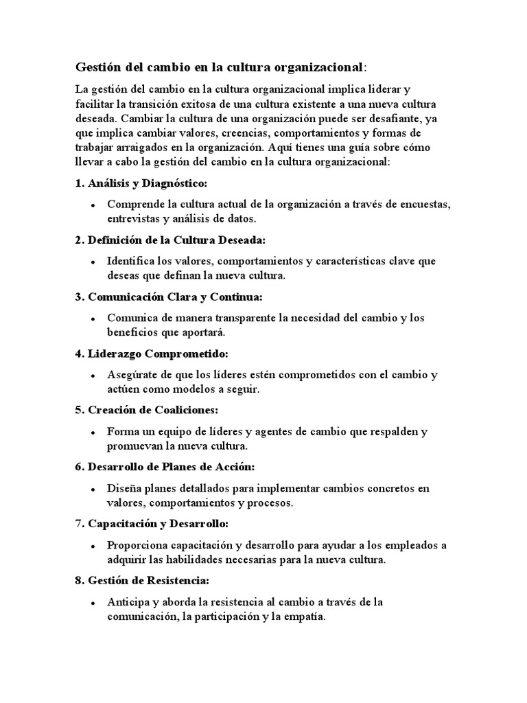 Gestión Del Cambio en La Cultura Organizacional | PDF
