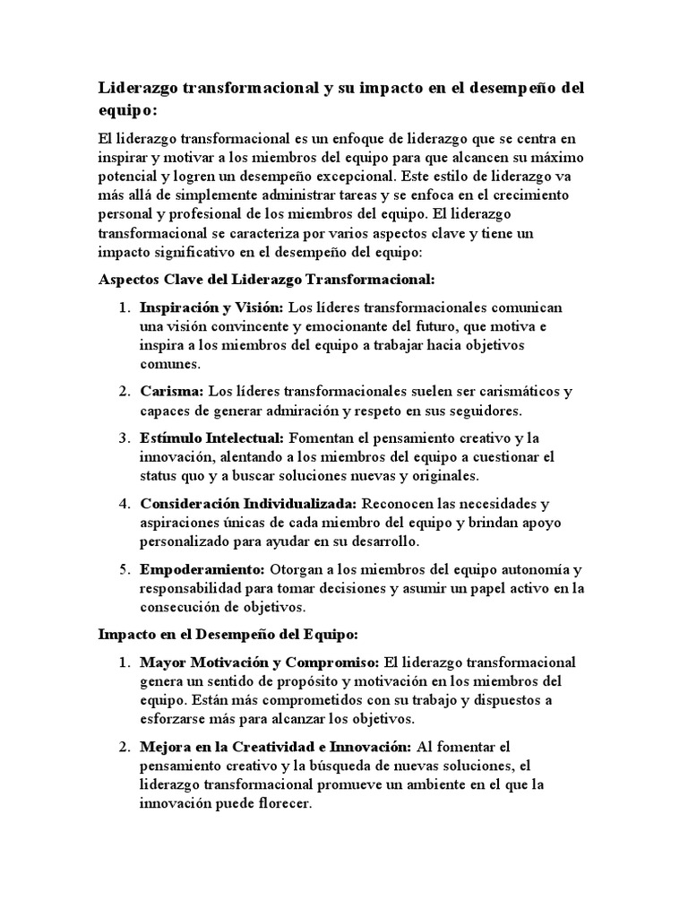 Liderazgo Transformacional y Su Impacto en El Desempeño Del Equipo ...