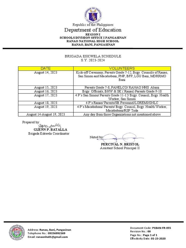 Brigada Eskwela Schedule | PDF