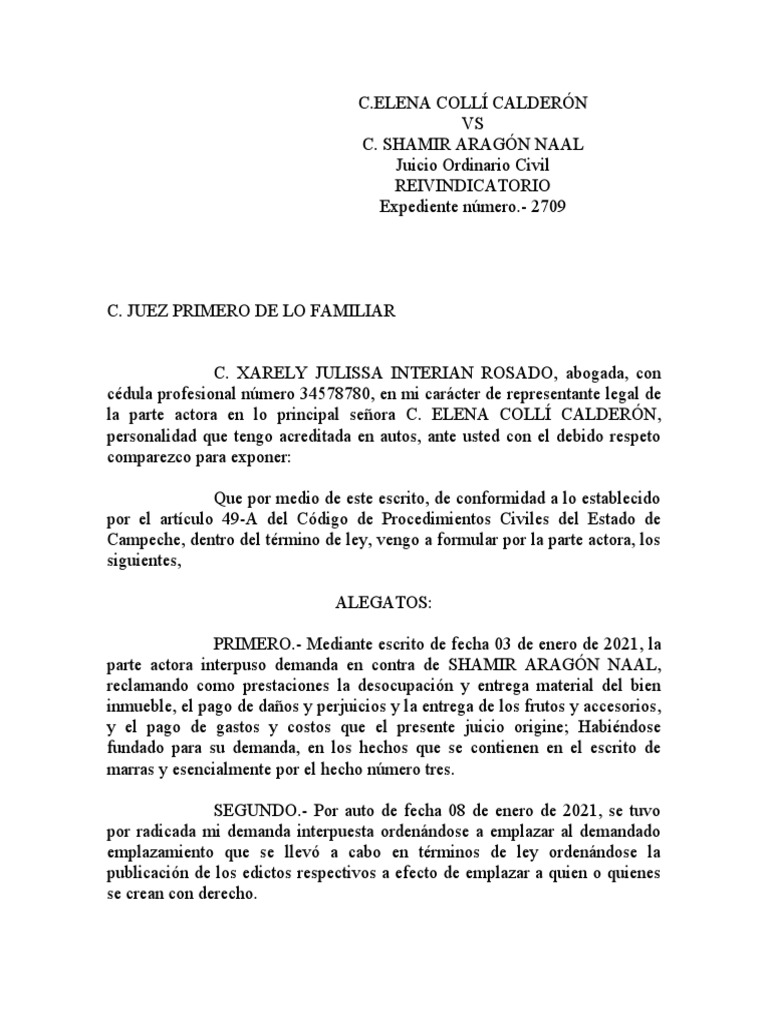 Alegatos en Juicio Civil Reivindicatorio | PDF