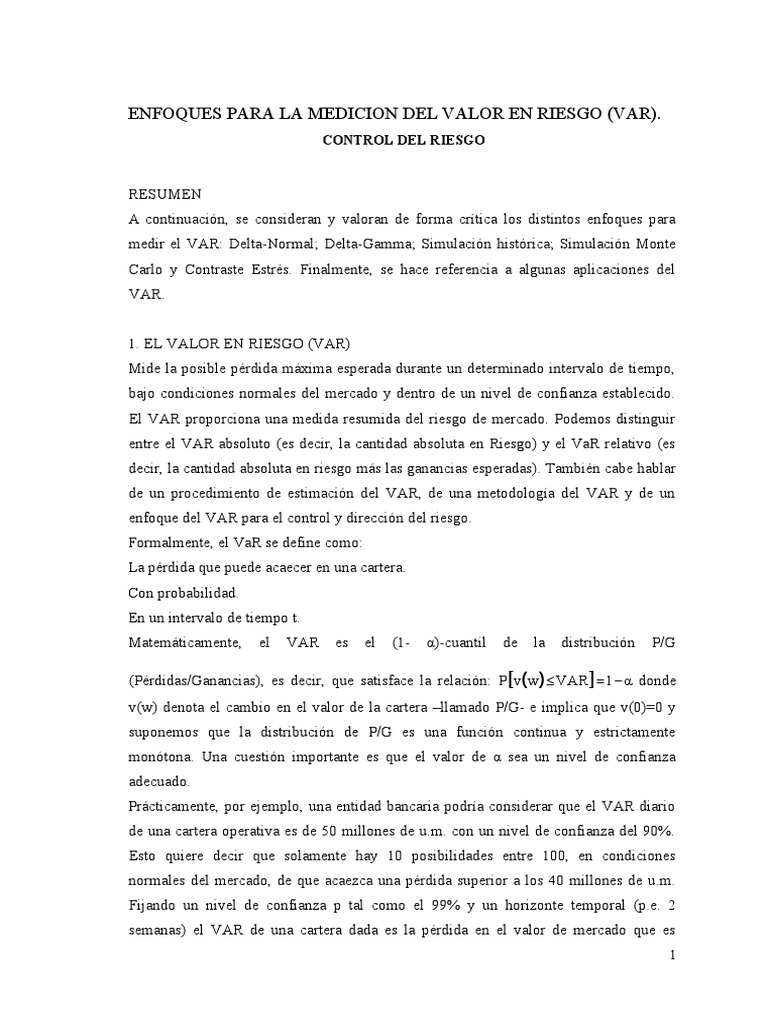 ENFOQUES PARA LA MEDICION DEL VALOR EN RIESGO (VAR) | PDF | Intervalo ...