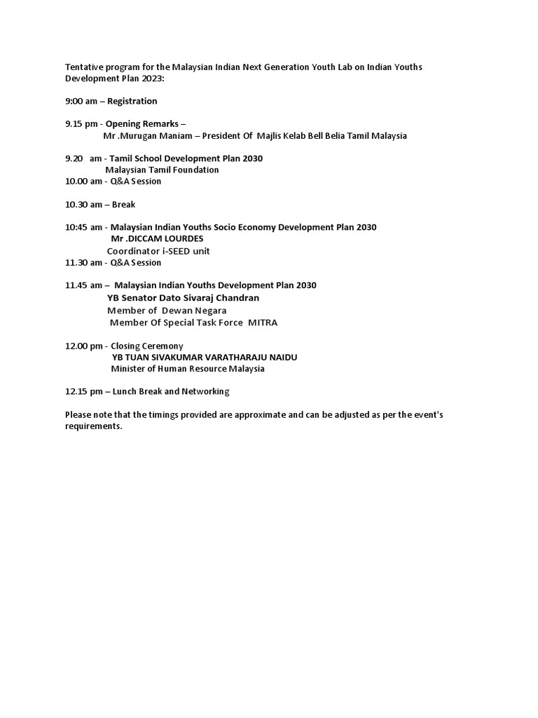 Tentative program for the malaysian indian next generation youth lab on