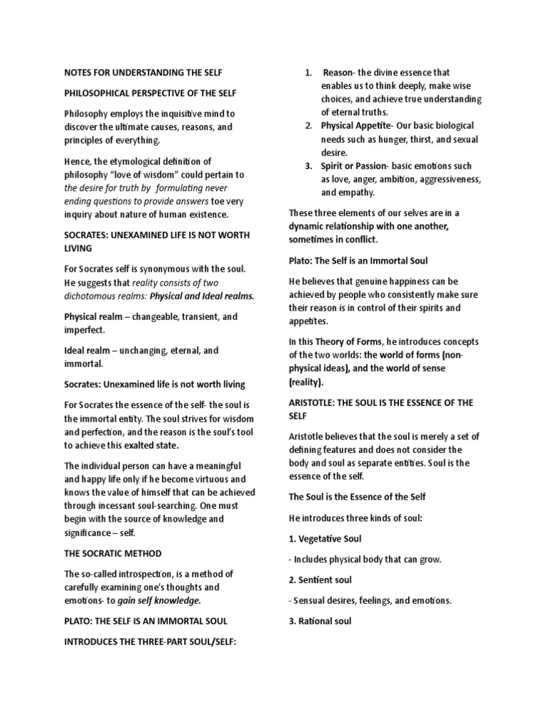 NOTES FOR UNDERSTANDING THE SELF | PDF | Philosophy Of Self | Soul