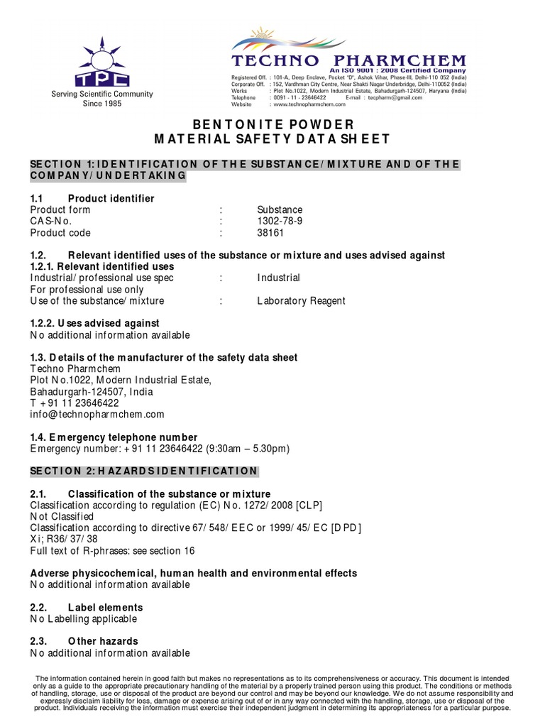 Bentonite Powder PDF Dangerous Goods Safety