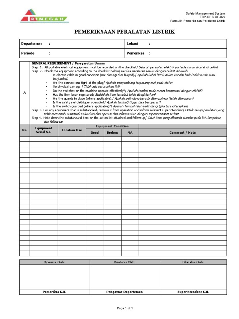 Formulir Pemeriksaan Peralatan Listrik Pdf