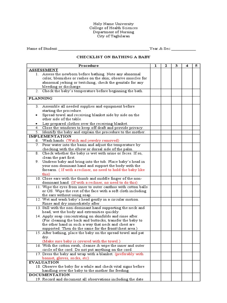 Newborn Bathing Procedure Checklist | PDF | Wellness