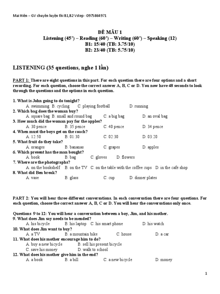 Vstep B2 Sample Exam PDF | PDF