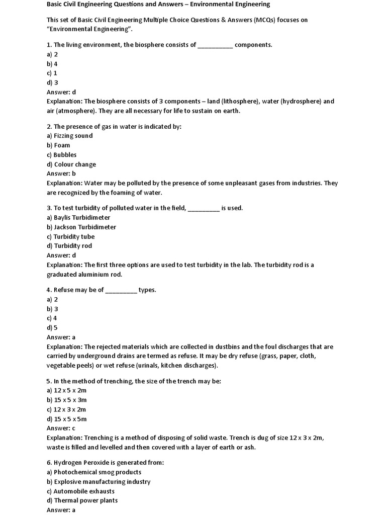 Environmental Engineering MCQs and Answers | PDF | Waste | Municipal ...