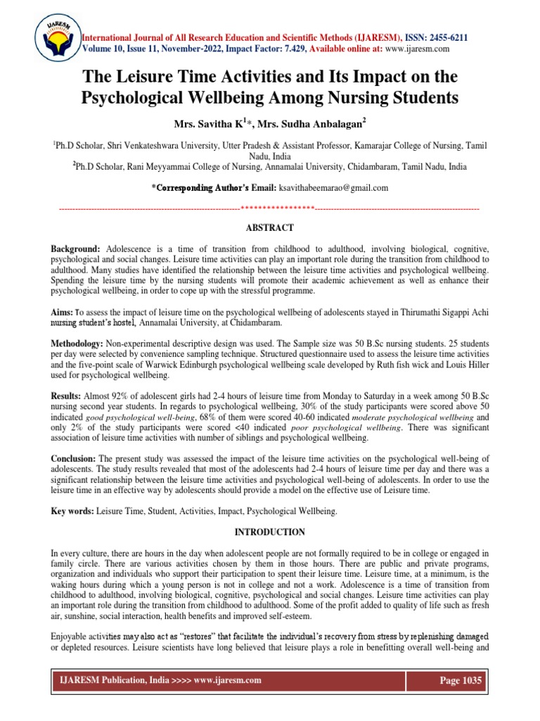 Nursing Students' Leisure Impact | PDF | Well Being | Adolescence