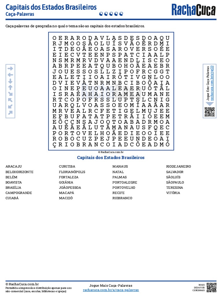 Caça Palavras - Capitais dos Estados Brasileiros - Nível Difícil ((Racha  Cuca)) 