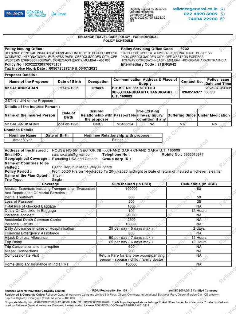Reliance Travel Care Policy - For Individual Policy Schedule | PDF