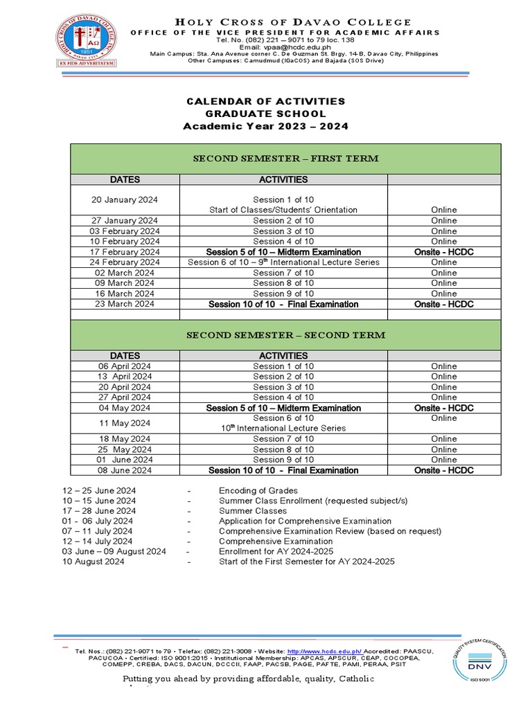 2nd Semester Graduate School Calendar For AY 2023 2024 | PDF