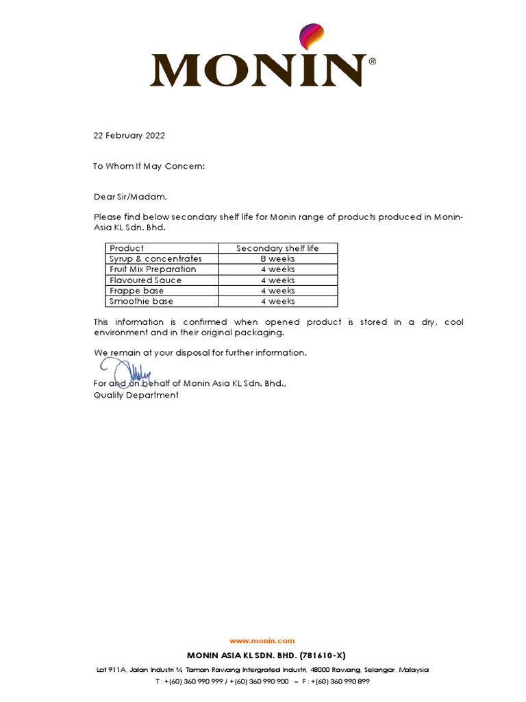 Letter For Secondary ShelfLife PDF