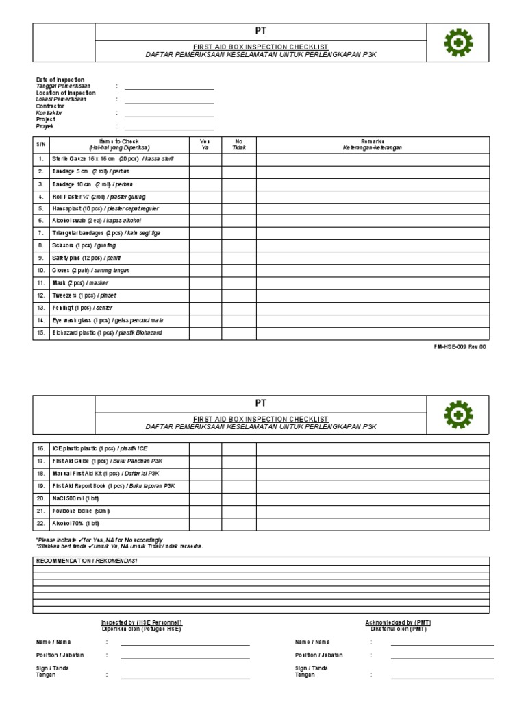 First Aid Box Inspection Checklist PDF