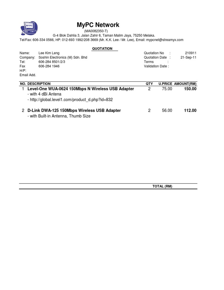 Quotation for Wireless USB Adapters | PDF | Technology & Engineering