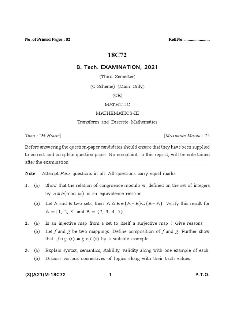 Btech Ce 3 Sem Transform and Discrete Mathematics 18c72 2021 | PDF ...