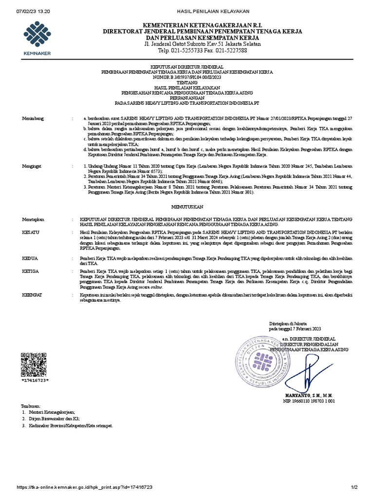 Pengesahan RPTKA Sarens Indonesia | PDF