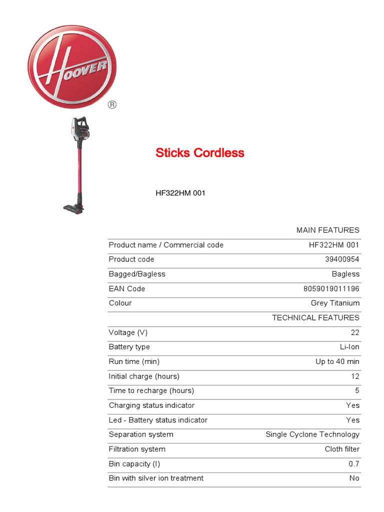 Hoover Cordless Vacuum Cleaner H Free 300 Product Data Sheet PDF