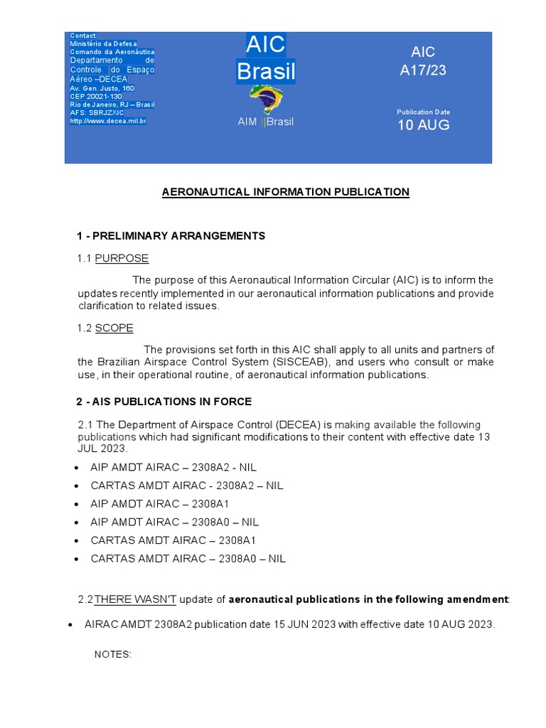 Aic A17 23 Aeronautical Information Publications 10aug2023 | PDF