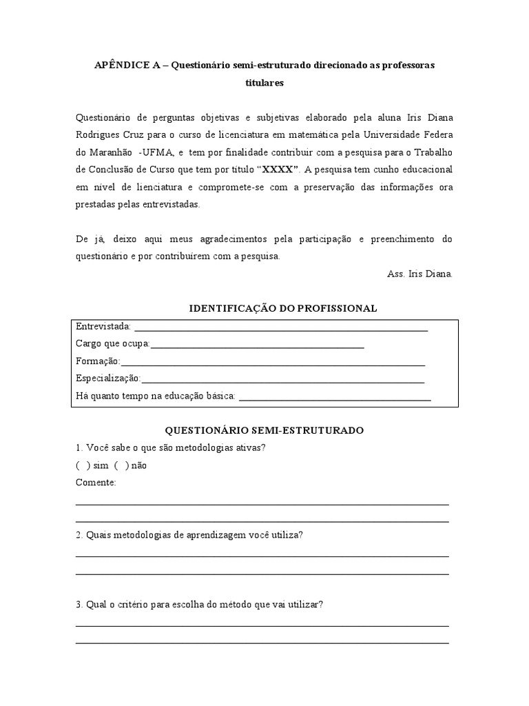 Apêndice A. Modelo Questionario Semi Estruturado | PDF, image size:768x1024