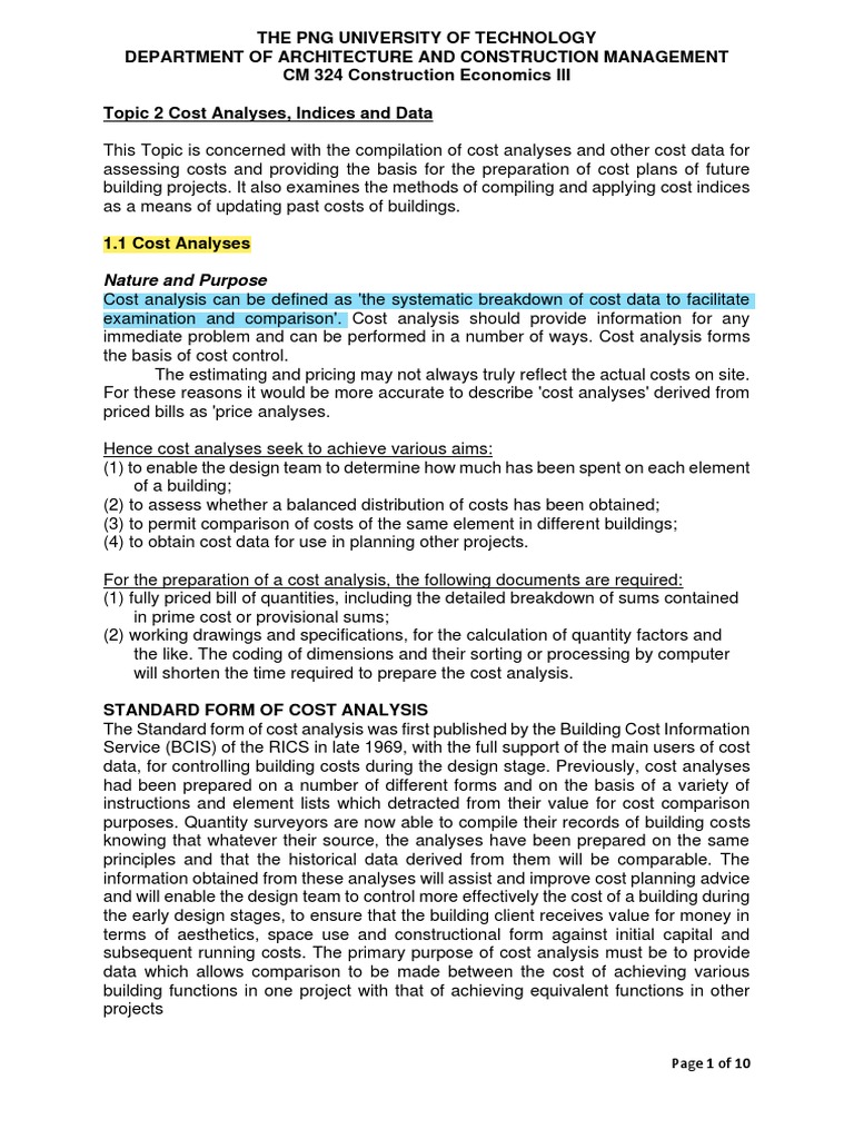 Topic 2 Cost Analyses, Indices and Data1 Download Free PDF Cost
