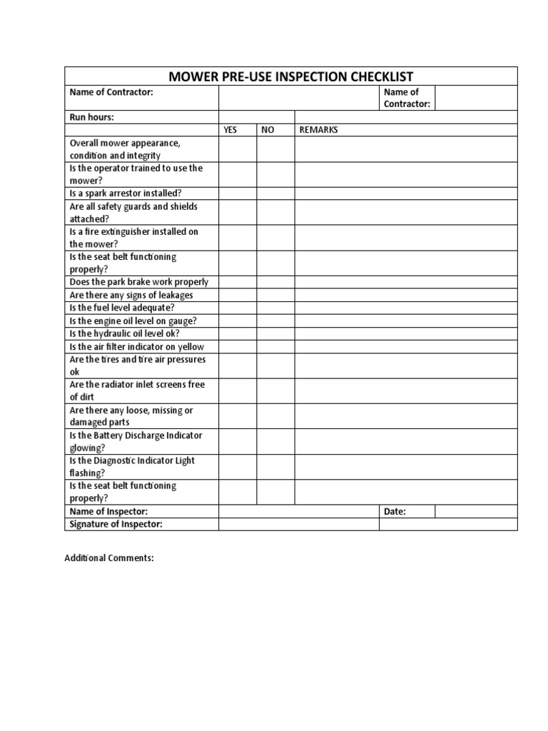 Mower Pre-Use Inspection Checklist | PDF | Business | Computers