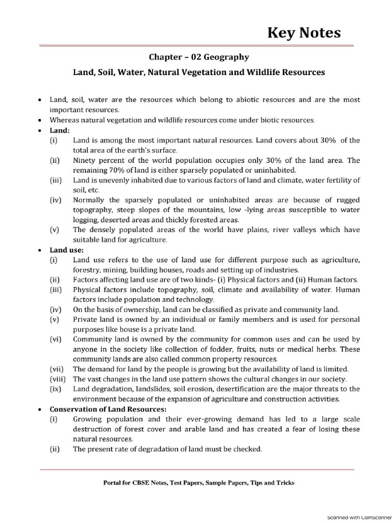 08 Social Science Geography Key Notes CH 02 Land Soil Water Natural ...