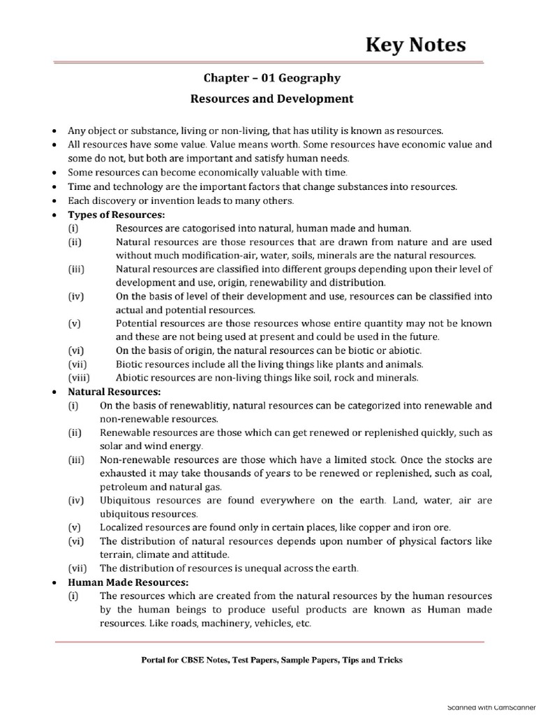 08 Social Science Geography Key Notes CH 01 Resources and Development | PDF