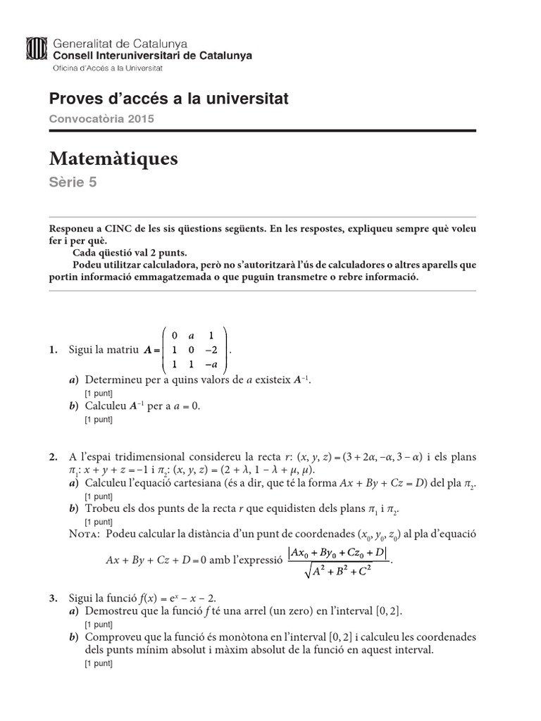 Examen Matematiques II de Cataluña Set2015 | PDF