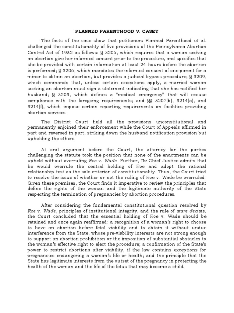 Planned Parenthood V Casey PDF Roe V. Wade Planned Parenthood V