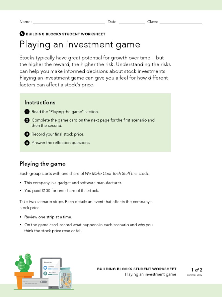 CFPB Building Block Activities Playing Investment game Worksheet PDF Stocks Investing