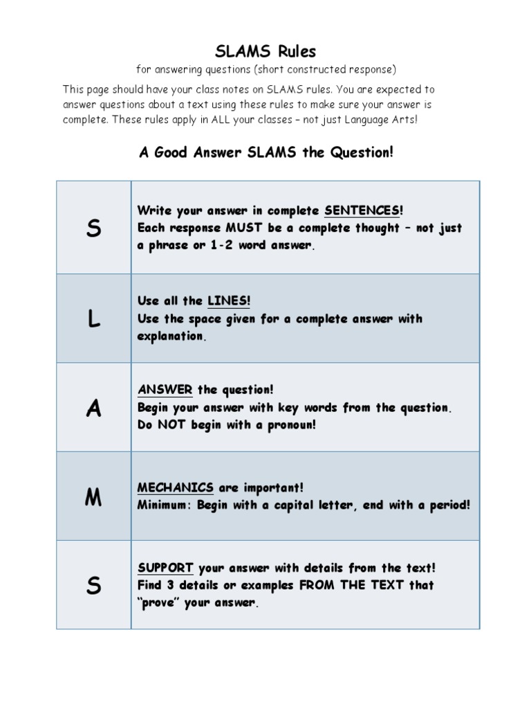 SLAMS Rules for Answering Questions | PDF | Language Arts & Discipline ...