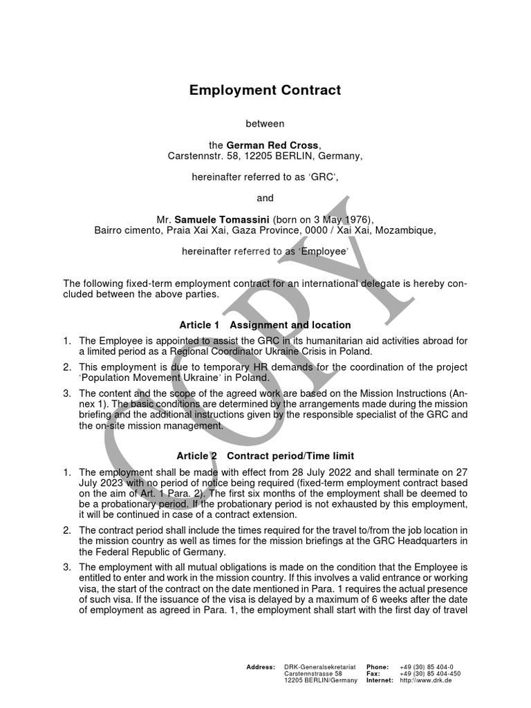 Employment Contract for GRC Delegate | PDF | Insurance | Employment