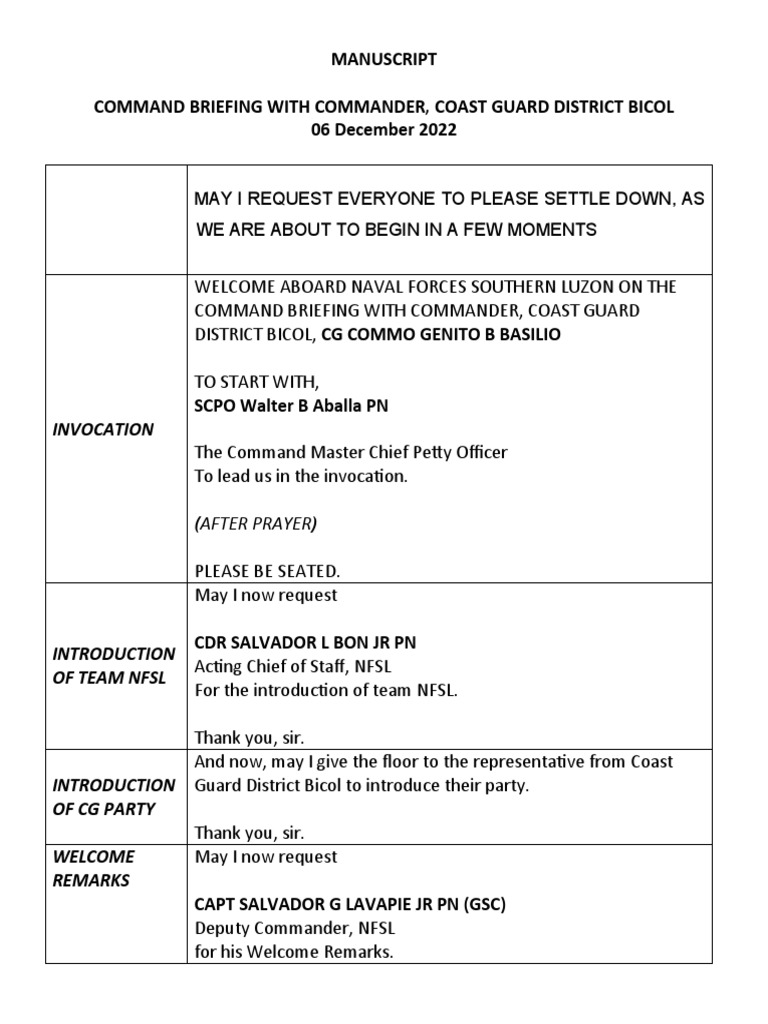 Command Briefing: Coast Guard Bicol | PDF | Ranks | Military Rank